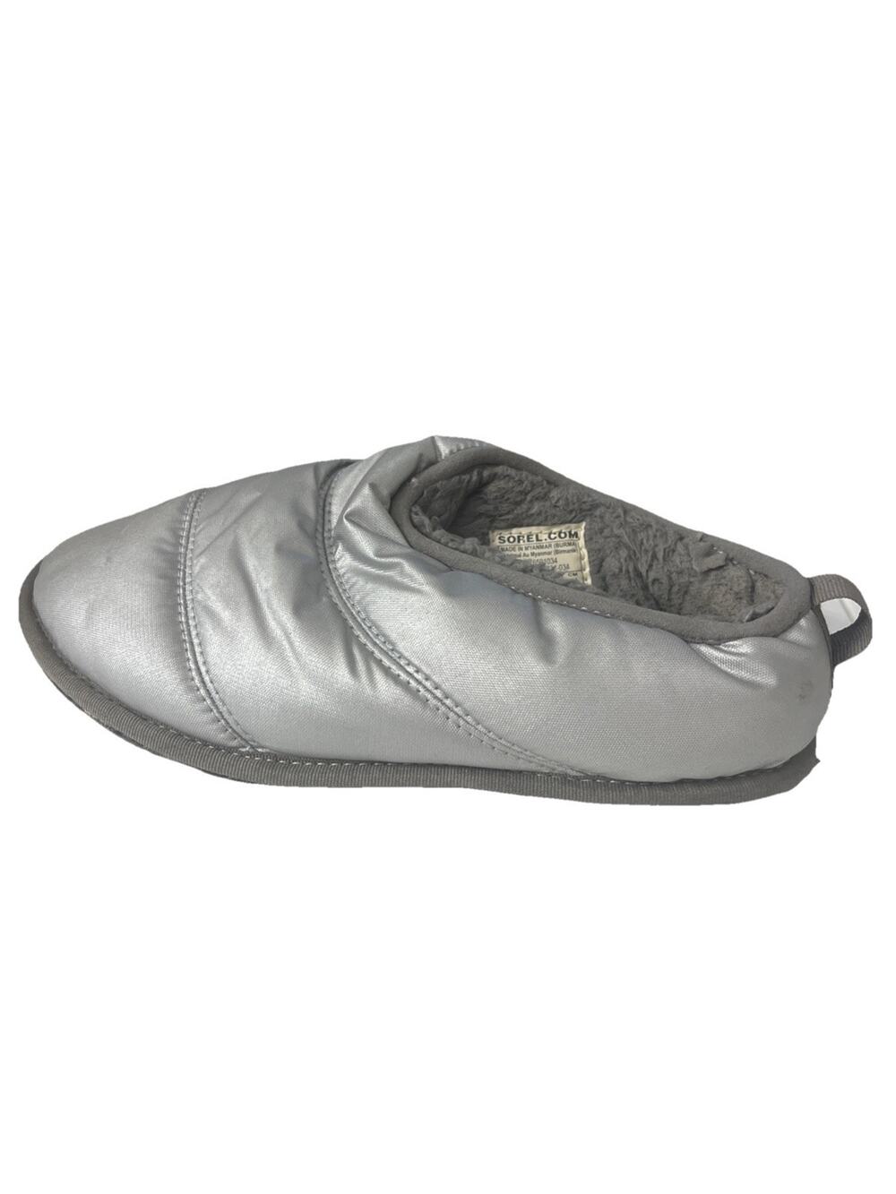 Sorel Hadley Slipper Slip On Flats Puffer Faux Fur Metallic Pure Silver 7
